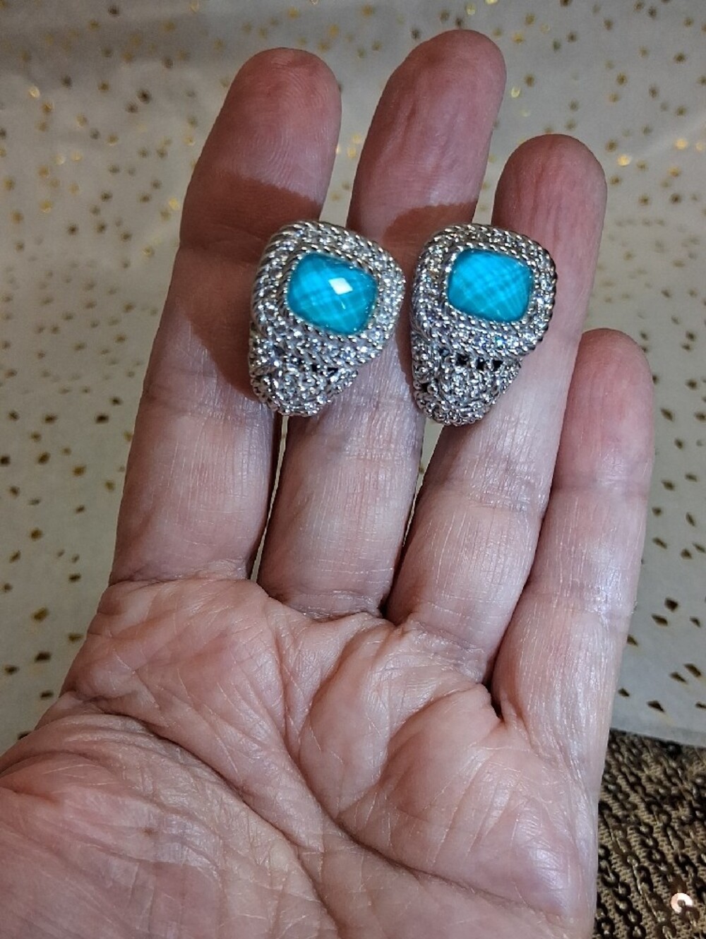 Judith Ripka Sterling Silver Earrings with Blue Turquoise Faceted Doublet Stones - Picture 9 of 13
